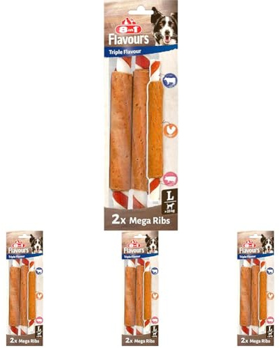 8in1 Triple Flavour Mega Ribs bastoncini da masticare grandi per cani - Snack da masticare con carne extra, busta da 140 g 2 pezzi (Confezione da 4)