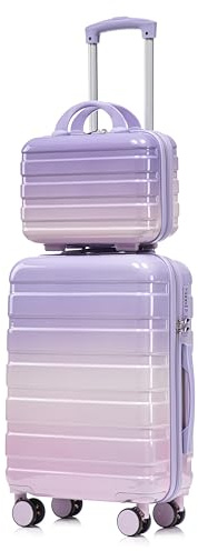 Luccalily Gradient Purple-Pink Luggage Set 14 & 20 - 2 Piece PC Spinner Wheel Suitcases with Combination Lock, Lightweight Carry On for Business & Vacation