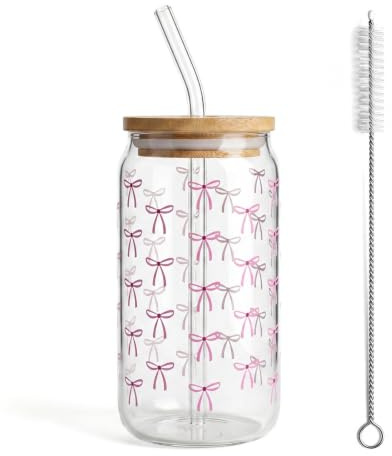 Zimoer Glas mit Deckel und Strohhalm, Bow Glass Glas Trinkbecher 500 ml Trinkgläser mit Deckel für Eiskaffeetassen, Limonaden, Smoothies, Bier, Cocktails, Mädchen Geschenk Geburtstag