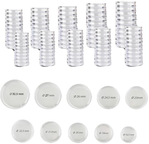 Prophila Collection Münzkapsel-Sortiment Euro 16,5 bis 33 mm Innendurchmesser, insgesamt 100 Kapseln