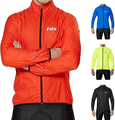 Fdx Men’s Cycling Jacket - Waterproof Lightweight Breathable Cycle Rain Tops - High Visibility Full Sleeves Taped Seams Reflective Jersey - Windproof Coat for Riding, Running, Bike Racing (Red, Large)