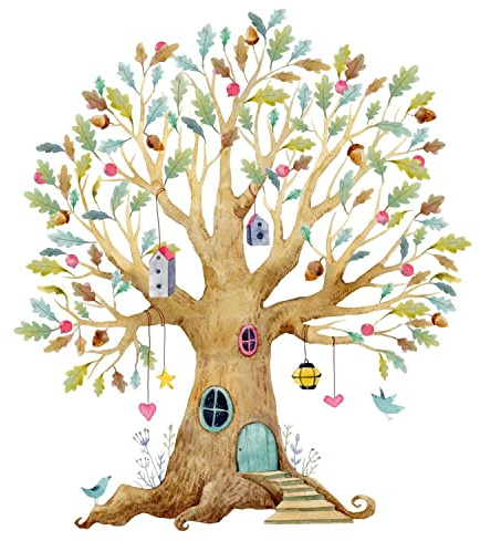 241 Wandtattoo bunter Baum Eiche Elfenbau Haus Größe 1200 x 1400 mm - in 2 Größen - Kinderzimmer Sticker Wandaufkleber Wandsticker Wanddeko Wandbild