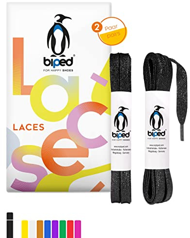 biped LACES 2 paia di lacci piatti glitterati in poliestere 8 mm antistrappo - Lacci metallizzati per scarpe e sneakers in pelle, per sport, feste e festività z2919(#2 black,120 cm)