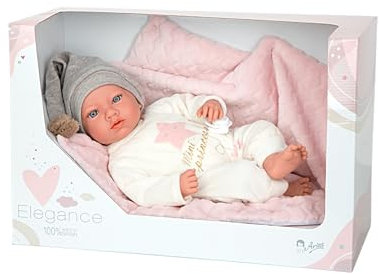 ARIAS - Elegance Aria docka, vikt 2,5 kg docka, realistisk 40 cm baby med pyjamas och hatt, rosa filt och dinapp, mjuk kropp och vinyllemmar, barn i alla åldrar, (ARI60752)