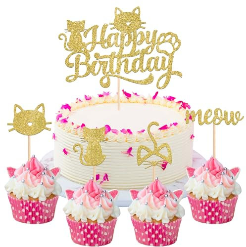 SYKYCTCY 25 Pack Cat and Meow Cupcake Toppers Black Glitter Kitten Cat Cupcake Food Picks Cat Lover Kitten Theme Baby Shower Kids Birthday Wedding Party Cake Decorations Supplies Gold