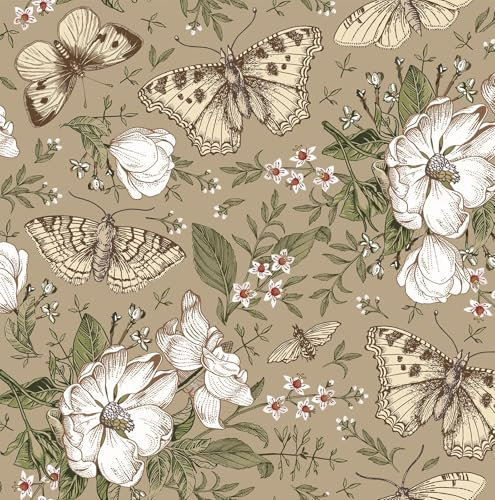 FunStick 44.5CMx9M Carta da Parati Fiori Camera da Letto Bagno Verde Oliva Marrone Carta Adesiva per Pareti Floreale Farfalla Motivo Oliva Marrone Pellicola Adesiva per Mobili Floreale Vintage Salotto