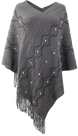 LIUYUYOUGO Etoles Femme,Ponchos Pour Femmes Châles Enveloppes Ondulations Jacquard Crochet Poncho Manteau Perles Élégant Tricoté Cape Enveloppes Avec Franges Automne Hiver Doux Tricot Pull Pull