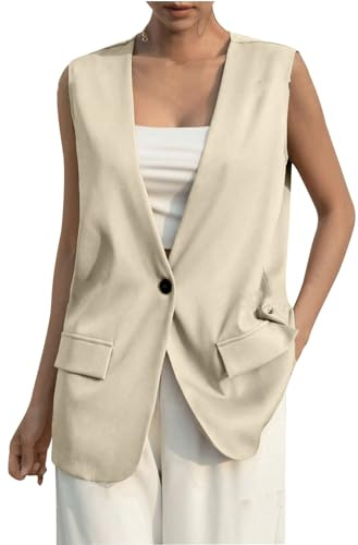 Blazer väst dam ärmlös cropped blazer kostym elegant lång väst delar kavaj boucle jacka damjacka affärskläder damrock sweatblazer blusjacka övergångsjackor, Beige, L