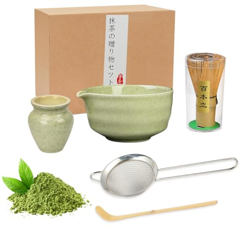 KBIBCK Juego de té Matcha, 5 Set Kit de Té de Japonés, Tazón Matcha, Batidor de Matcha, Cuchara, Tamiz, Soporte para batidor, Juego de batidor, El Juego Perfecto para Preparar un Matcha Tradicional