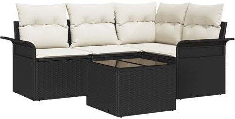 vidaXL Garten-Sofa-Set mit Kissen 5 pcs Schwarz Poly Rattan, Garten und Terrasse, modernes Lounge-Set, Rattan-Sofa, verstellbare Füße, wetterfest, Sitzgelegenheit für Decks