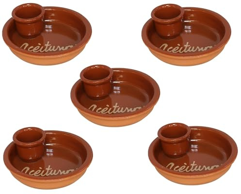 PCMoviles Cazuelas de Barro para aceitunas, Set de 5, 14cm, Terracota, Esmaltadas,