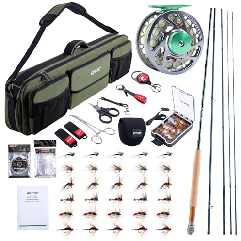 Goture Fly Fishing Rod and Reel Combo with Dual Tips & Gear Case, 9FT #5 4-Piece Carbon Fly Rod, Hardwood Reel Seat, Pre-Spooled Reel, Fly Line, Leaders, Flies and Carry Bag Complete Starter Kit