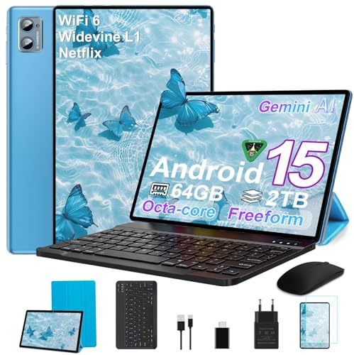 SUAAT Tablets Android 15, 64GB RAM+ 2TB TF,10 Pollici,Octa-Core, WIFI 6, 2Ghz, Widevine L1, Play Store, 8MP + 5MP, Type-C, OTG, Cast, Tablet PC con Custodia, Tastiera e Mouse, Blue