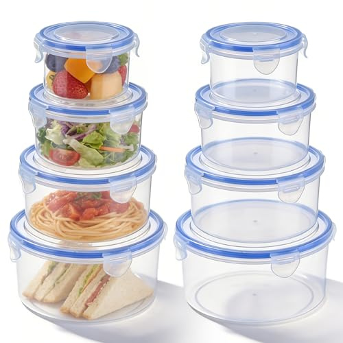 WIYETY Lot de 8 boîtes de conservation rondes : en plastique transparent avec couvercle, pratiques et empilables, boîtes de préparation des repas, bol en plastique anti-fuite pour la maison et le