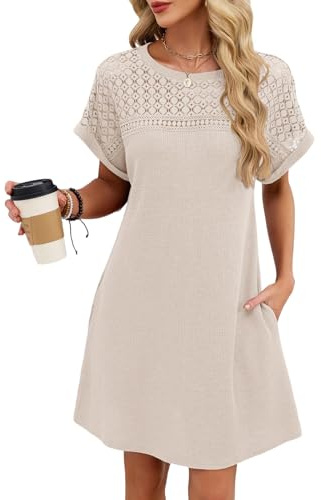 nnOuOnn Women T Shirt Dress Mini Casual Summer Baggy Tshirt Dresses Waffle Knit Lace Short Sleeve Round Neck with Pockets