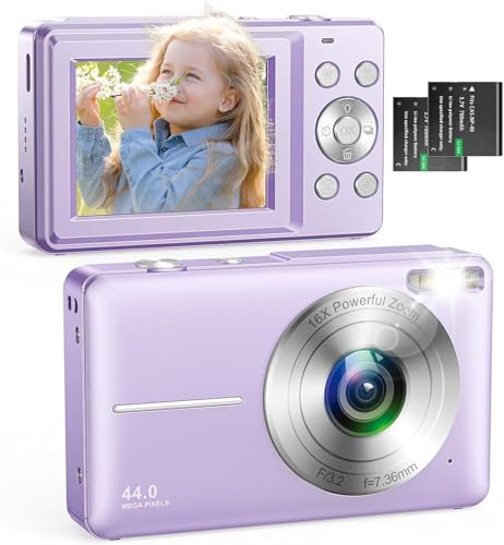 Digitalkamera 1080P 44MP Fotoapparat, mit 2,4 LCD-Bildschirm, 16-fachem Digitalzoom und Bildstabilisierung, tragbare kompakte Vlogging-Kamera für Kinder, Teenager und Anfänger