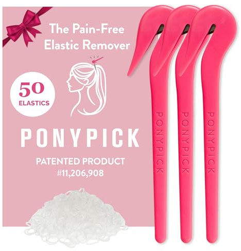 THE PONY PICK Hair Elastic Rubber Bands Cutter Tool Easy To Use, Pain Free, No Hair Damage Ponytail Cutter Tool for Kids & Toddlers (3 Picks & 50 Clear Hair Elastics)
