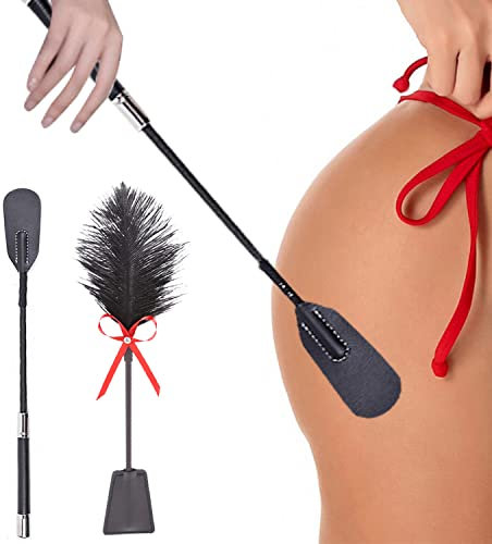 BDSMAGE 35cm Reitpeitsche Erotik Leder Peitsche mit Feder Tickler Paddel,BDSM Bondageset,Leder Flogger Spanking Federkitzler Massage Federstab Sex Spielzeug für Paare