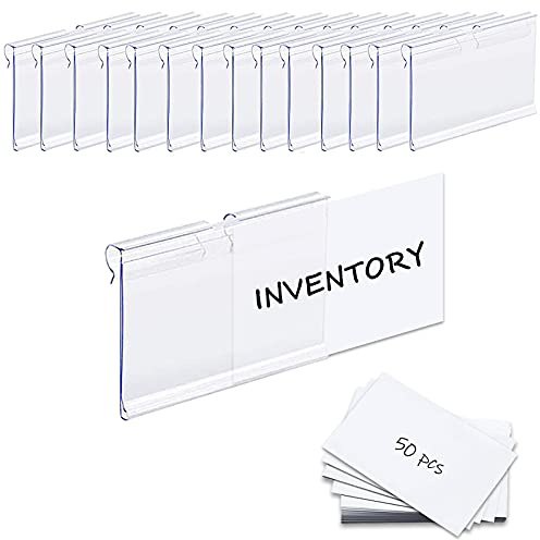 50PCS Basket Bin Labels Clip On,ChanQnTon Clear Plastic Label Holders for Storage Bins, Wire Shelf Price Tags,Merchandise Display Signs,50PCS 6X4CM Paper Inserts Included.