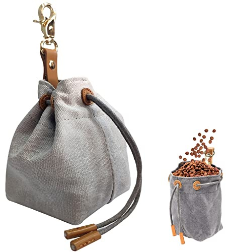 Einstellbar Tragbar Futter Tasche Beutel mit Kordelzug und Schnalle, Beutel Leckerli, Kleine Hundetraining Tasche für Haustier Training Hundefutter Klein Snack Stoffbeutel. (Grau)