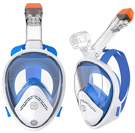 Maschera Subacquea Anti-Appannamento, Maschera Snorkeling Full Face con Visuale Panoramica 180°Design e Compatibile con Videocamere Sportive, Maschere da Immersione Adulto con Fascia Regolabile (Blu)