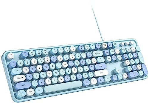 MOWUX Tangentbord med kabel, USB-plug-play retro runt skrivmaskin trådbundet tangentbord i full storlek med vikbara stativ för bärbar dator och kontorsdator, färg