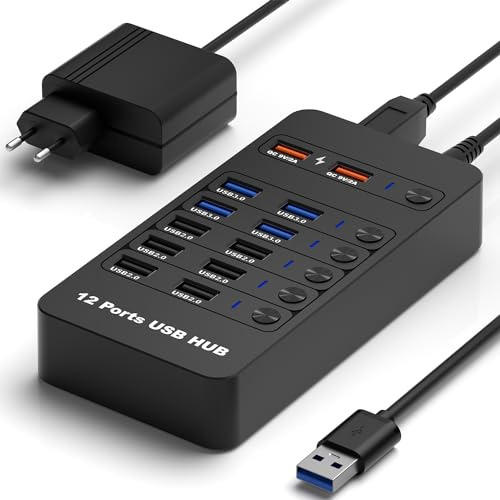 Powered USB Hub, Wrugste 12 Port USB 3.0 Hub Splitter (2 Quick Charge Ports) kommt mit 48W Netzteil und individuell geschalteten LEDs für Mac & PC