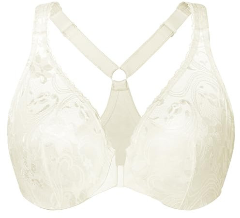 MELENECA Women's Plus Size Racerback Unlined Lace Underwire Front Closure Bra Off White 38G