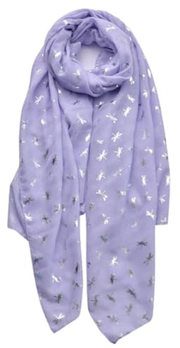 STAR FASHION Girls Scarves & Wraps Silver Foil Small Dragonfly Print Soft Touch Scarf for Womens Trendy Scarf Stole Neckerchief for Autumn Summer and Winter Lilac