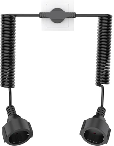 2M Spiralkabel Verlängerungskabel mit 2 Schuko Steckdosen, 3x1mm² Doppel-Steckdosen Spiralleitung bis 2M, Schutzkontakt 16A/250V, für Großgeräte 3680W, Schwarz
