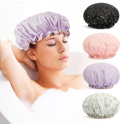 4 Pezzi Sunolkie Cuffia doccia,Riutilizzabile Impermeabile Cuffia da Bagno Donna Elastica Grande Showe Caps, Protezione per Donna Doccia Spa Salon Bagno Uso Domestico (Verde,Nero,Viola,Rosa)