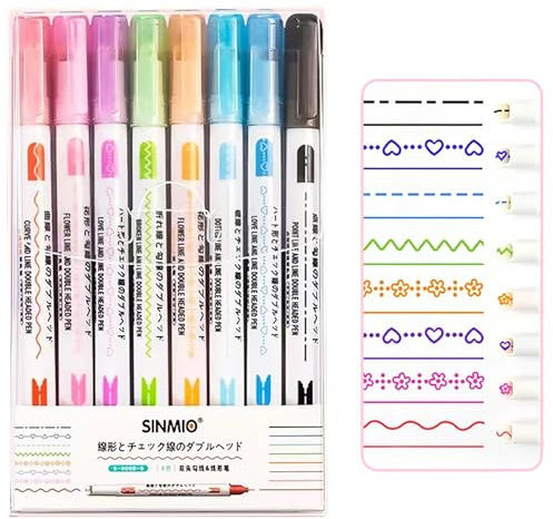 zoerbufan 8 Farbige Kurvenstifte für Notizen, Stifte mit Doppelspitze, Curve Textmarker mit 8 verschiedenen Kurvenformen, Besondere Stifte für Kinder, Tagebuch, Notizen, Zubehör