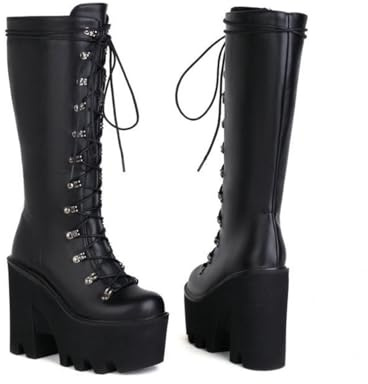 HXTYXCQ Stivali Alti al Ginocchio con Lacci da Donna Stivali da Combattimento con Piattaforma A Punta Tonda Stivali Gotici Punk con Tacco Grosso Alto,Black1,41 EU