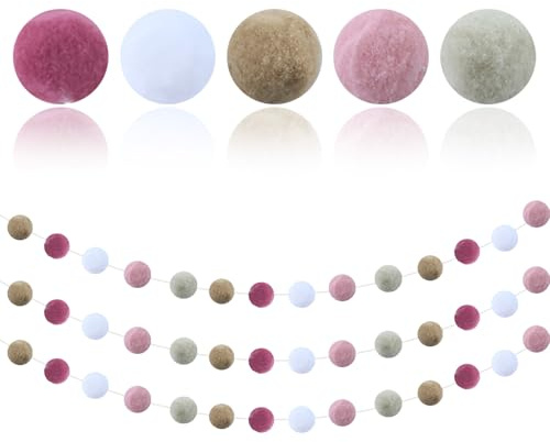 3 Piezas Guirnaldas Bolas Fieltro Coloridas, Color rosa Pompones Colores Surtidos Unidos por hilo Resistente,Material suave Guirnaldas Bolas,para Habitaciones