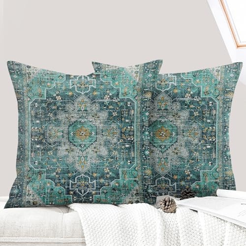 ECZOIL Set med 2 dekorativa kuddfodral, 45 x 45 cm, vintage, bohemisk, etnisk, soffa, mjukt kuddfodral för hem, vardagsrum, sovrum, soffa, bohemisk art deco - cyan