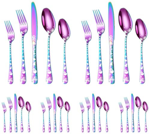 XIAOYU Set di posate natalizie da 30 pezzi, include 12 forchette, 12 cucchiai e 6 coltelli, con motivo a alce natalizio e Babbo Natale, set di posate in acciaio inox, lucidato a specchio