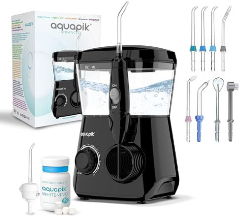 Irrigador dental con cápsulas blanqueadoras Aquapik Advanced – elimina manchas y placa, 10 boquillas, 10 niveles de presión, ideal para ortodoncia, implantes y encías sensibles, cuidado bucal premium