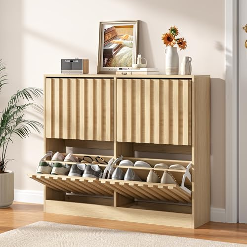 UEV Wide Shoe Cabinet with 4 Flip Drawers – Narrow Shoe Storage Unit for Entryway or Hallway, Modern Wood Slat Doors with Ventilated Design, Holds 16 Pairs, Natural Wood