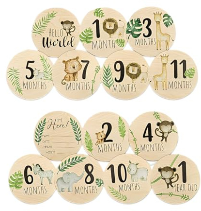 ZORVYN 7 Meilensteine Holz Meilensteinkarten Baby, Schwangerschaft Meilensteinkarten, Geschenkideen für werdende Mütter, Holzscheiben mit farbigen Tierchen bedruckt (Mehrfarbig)