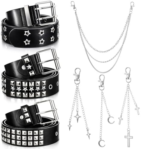 Twistover 3 Pcs Black Studded Y2k Belts with 3 Pcs Detachable Tassel Pendants Faux Leather Gothic Punk Rock Rivet Belts Trousers Pants Chain for Women Men Mix and Match Y2k Hip Hop Jewelry Accessory