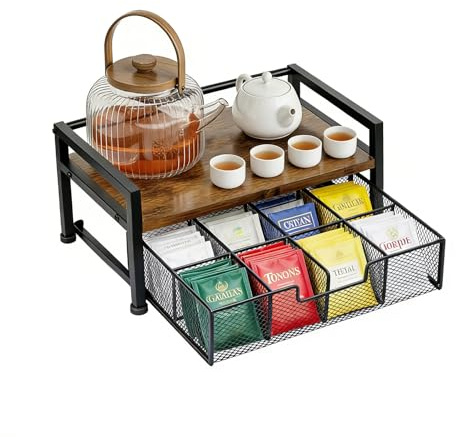 Yuecda Tea Bag Organizer, Wood Tea Organizers and Storage Chest, Teabag Holder with Storage Drawer,Tea Station Chest Display Container Box for Countertop Kitchen, Rustic Brown
