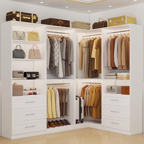 Closet System with 6 Drawers, 101.9 Corner Closet Organizer System with 9 Hanging Rods & Adjustable Shelves, Max 220.1 L-Shaped Walk In Closet System Wood, Corner Closet System, 4 Sets, White
