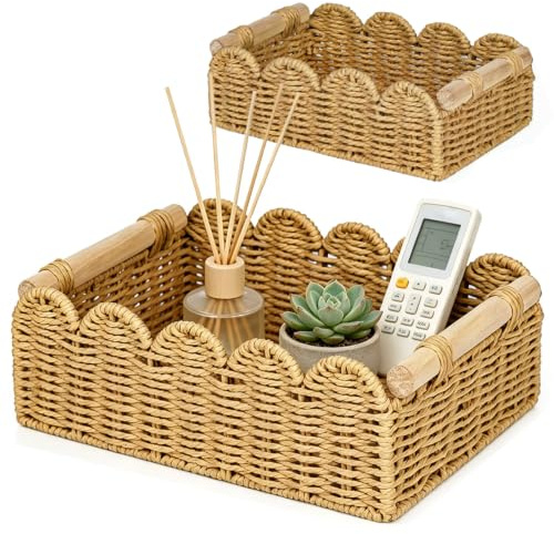 2er Set Aufbewahrungskorb Geflochten mit Holz Griffen, 36 x 16 x 9.5/29 x 11 x 9 cm Aufbewahrungkörb Badezimmer Regalkörbe, Toilettenpapier Körbchen Wickeltisch Organizer Korb für Küche Wohnzimmer