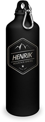 Trinkflasche mit Namen Henrik - graviert mit Adventure Layout, Aluminiumflasche mit Gravur, Sportflasche - matt schwarz