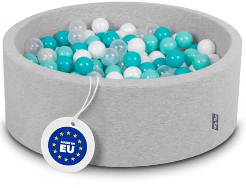 KiddyMoon Bällebad 90X30cm/200 Bälle ∅ 7Cm Bällepool Mit Bunten Bällen Für Babys Kinder Rund, Hellgrau:Helltürkis/Weiß/Transparent/Türkis
