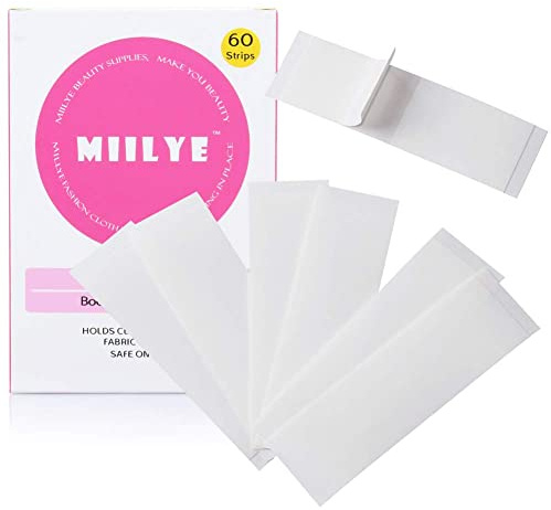 MIILYE Nastro biadesivo per abbigliamento in tessuto moda e pelle del corpo, nastro trasparente trasparente per abiti, 60 pezzi (strisce 2,5 x 7,6 cm)