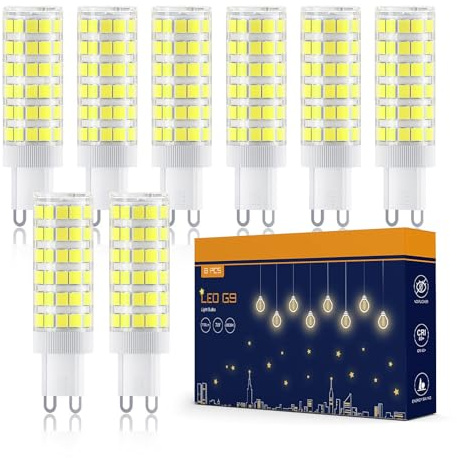 Bombilla LED G9 7w, Tasmor Luz Blanca Fría 6500K, 700 LM, Equivalente a 70W Lampara Halógena, g9 para iluminación del hogar, Ángulo de Luz de 360°, Sin Parpadeos, No Regulable, Pack de 8