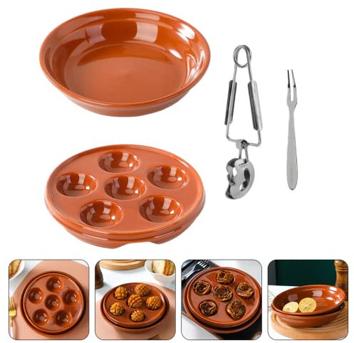 4pcs/Set Escargot Baking Dish Mushroom Plates Oyster Tray 6 Holes Ceramics Escargot Dishes Snail Plates 1escargot Tongs, 2escargot Forks