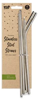 Gem Imports Pop Party Stainless Steel Metal Re-Usable Straws - Pack of 4, packaging may vary