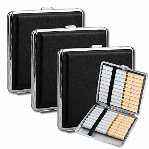 SVUPUE Zigarettenetui, 3 Stück Leder Metall PU Zigarettenschachtel, Zigarettenbox, Zigarettencase mit Schnappverschluss, Fasst 20 Zigaretten, 9,6 x 9,2 x 1,9 cm, für Hosen und Hemdtaschen, Schwarz